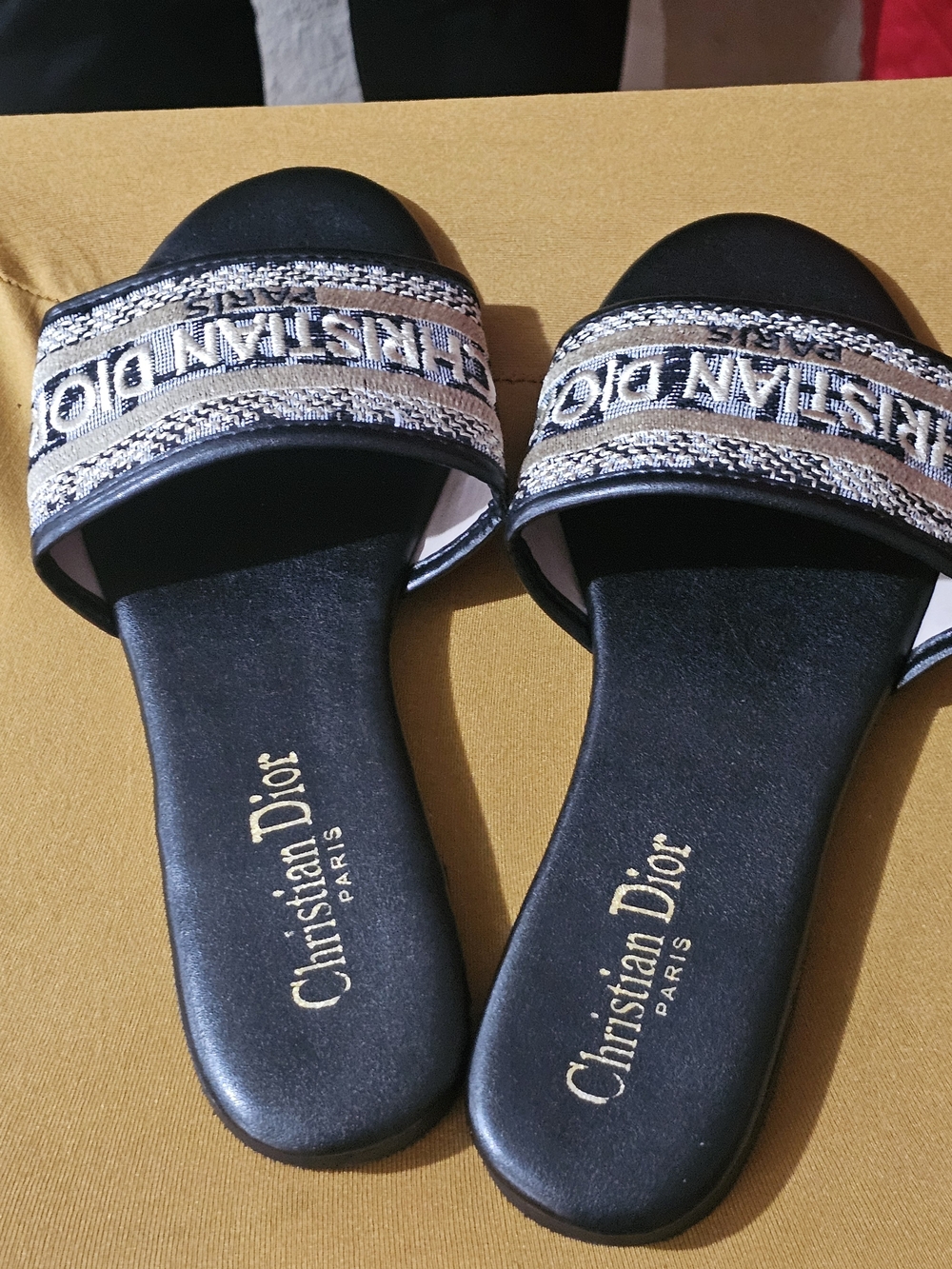 Dior Black and Beige Logo Slide Sandals